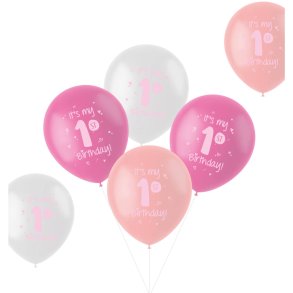 1.st Birthday balloner i lyser�d,pink og hvid