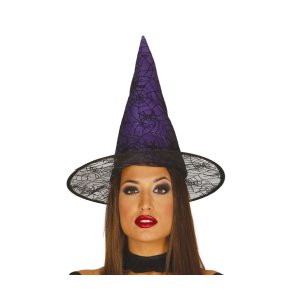 Heksehat i sort og lilla med edderkopper