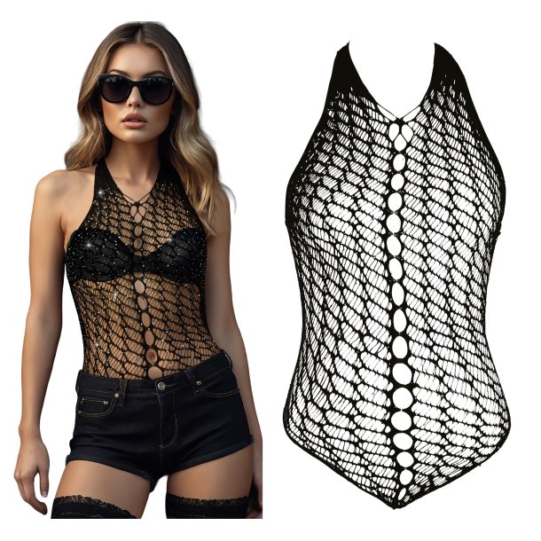 Sort net bodystocking med similisten