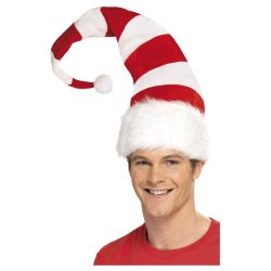 Nissehue lang stribet i rd-hvid