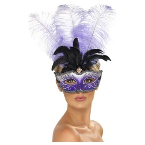 gonmask i lila med fjdrar