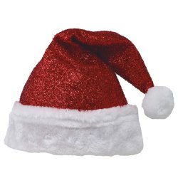 Nissehue i rd glitterstof med hvid plyskant