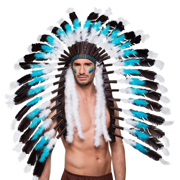 Headdress Snow Wolf med bl� och svarta fj�drar