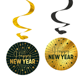 Swirls Happy new year sort/guld, 4stk
