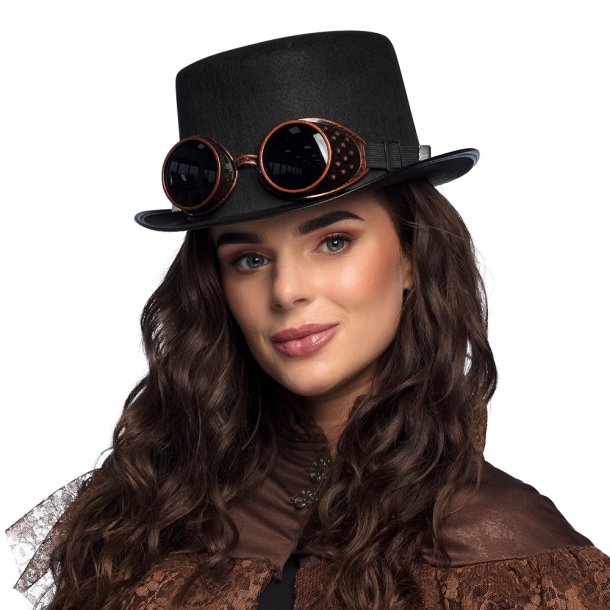 Svart steampunk-hatt m goggles