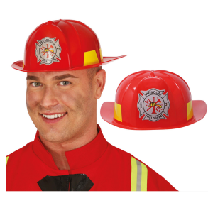 Brandmandshjelm i rd plast med gule afmrkninger