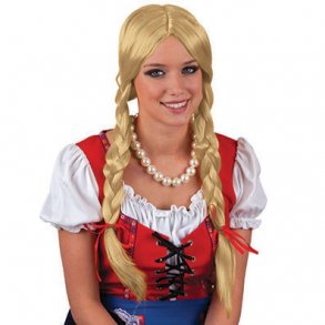 Tyrolerpige peruk med fltor. Golden Blonde med rda rosetter