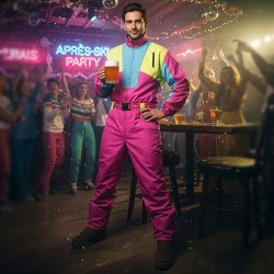 Ski Suit Snow Glow Dude i neon 80-talsstil.