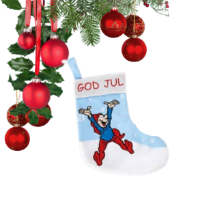 Bramming julstrumpor i ljusbl och vit filt med tomte