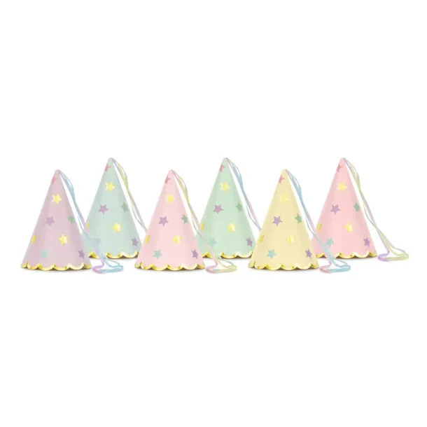 Pastel Partyhatte m. stjerner 6stk