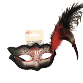 �jenmaske med r�d glitter og fjer