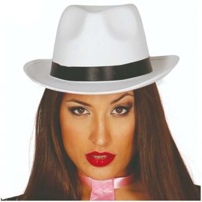 Gangsterhat i hvid med sort satin bnd