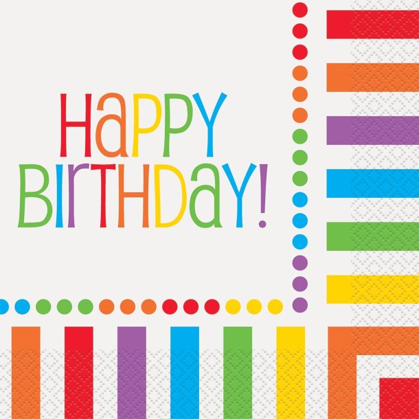 Happy Birthday servietter m. kulrt tekst