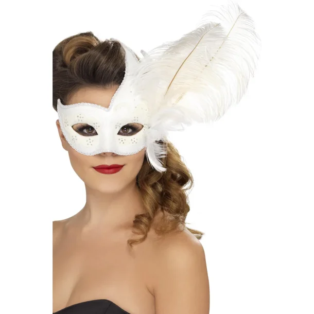 �jenmaske Colombiansk i hvid med fjer
