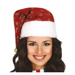 Nissehue i rd med guldfarvet snefnug