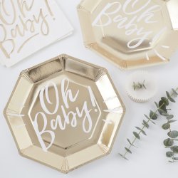 Baby shower tallerkener - Oh Baby i guld