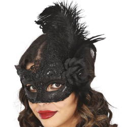 Sort blonde maske med fjer og blomst 