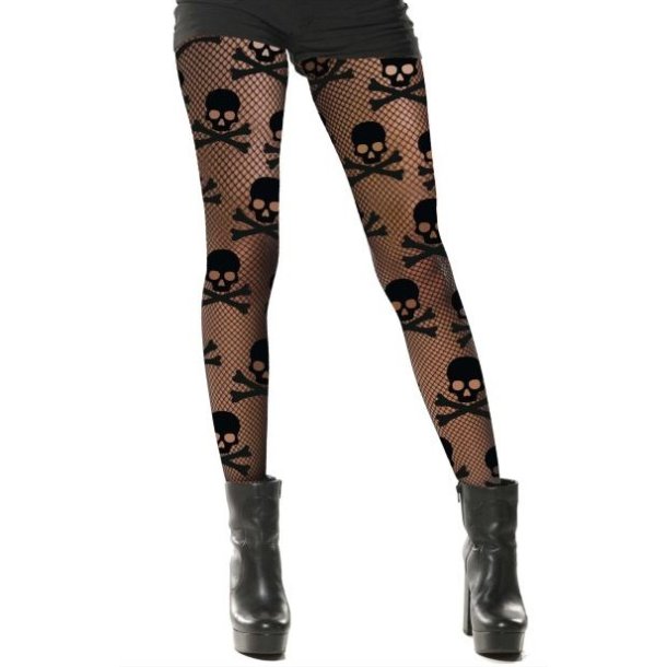 Netstrmpe i sort med sort kranie-knogle print