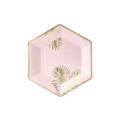 6-kantet tallerkener i lyserd med guldprint
