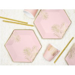 6-kantet tallerkener i lyserd med guldprint