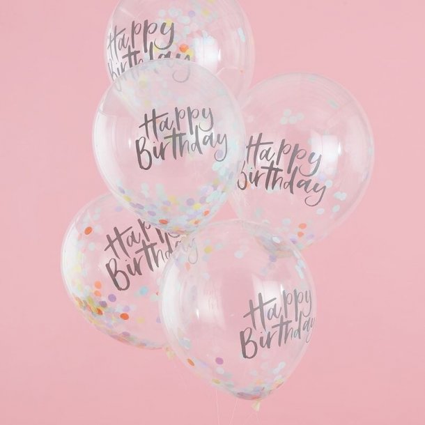 Ballong transparent med konfetti Pink och Happy Birthday