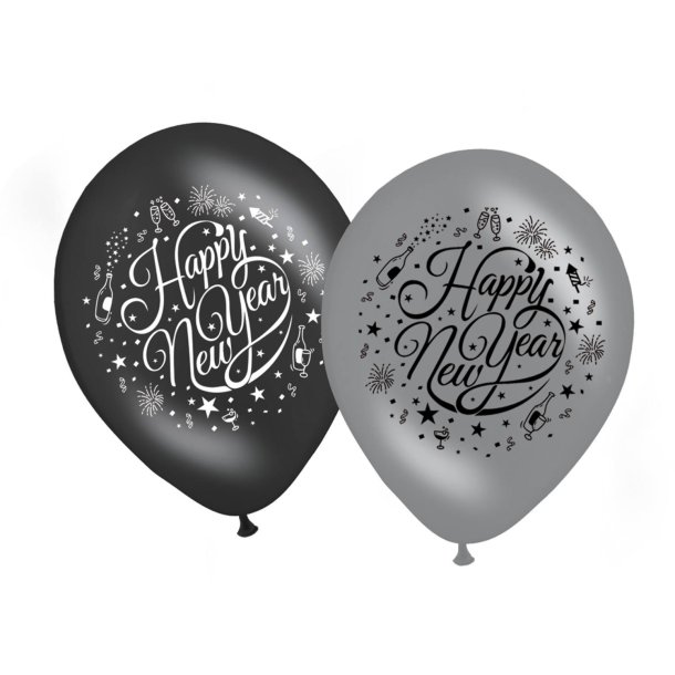 Happy New Year balloner i sort-slv