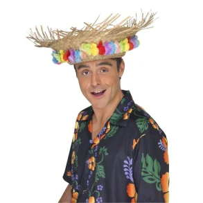 Strandhat med stofblomster