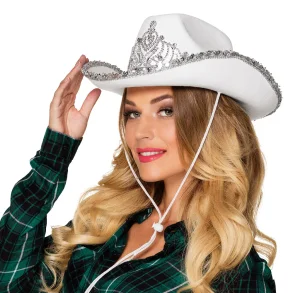 Cowboyhatt i vitt med tiara