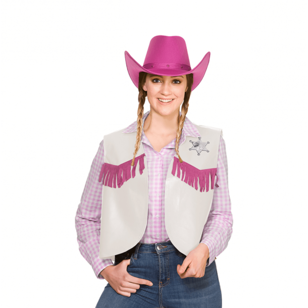 Cowboy vest i hvid med lyserød | Køb Cowboyvest til voksen