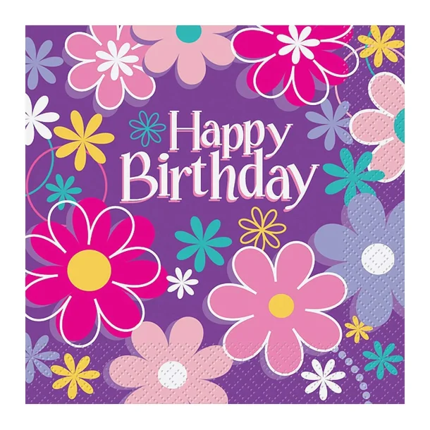 Happy Birthday servietter i lilla m. blomster