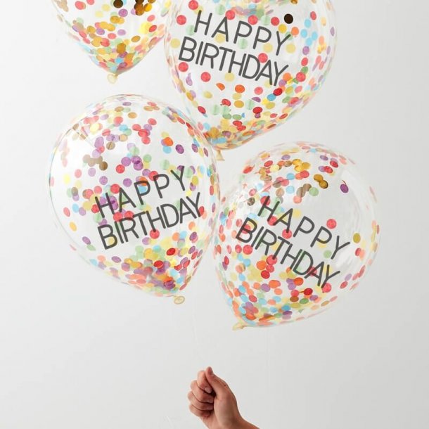Ballong transparent med konfetti mix och Happy Birthday