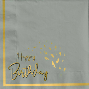 Happy Birthday servietter i gr med guldprint