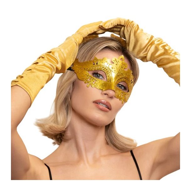�jenmaske i guld med ornament og glitter