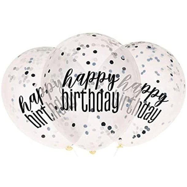 Happy birthday balloner med konfetti i sort