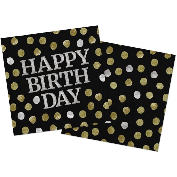 happy birthday servietter - sort/guld/slv