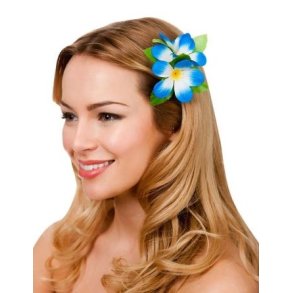 Hawaii hrclips med blomst i mrkebl