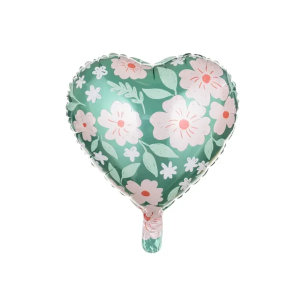 Folieballon Hjerte i grn med blomster