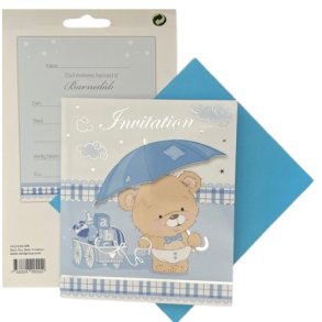 Invitation til Barned�b i lysebl� med Bamse