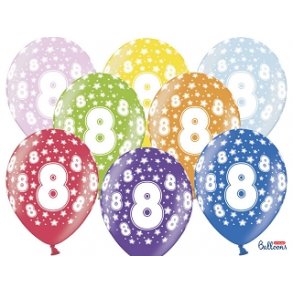 Ballong Metallic  30 cm med nummer 8, 6 stk