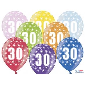 Ballong Metallic  30 cm med nummer 30, 6 st