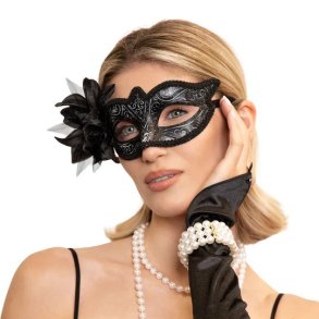 �jenmaske i sort med stor sort blomst