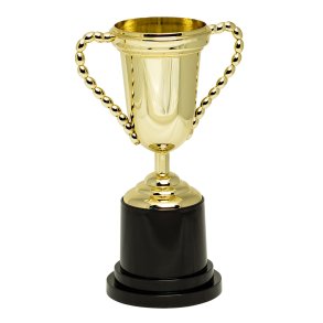 Guldf�rgad plastpokal p� svart bas