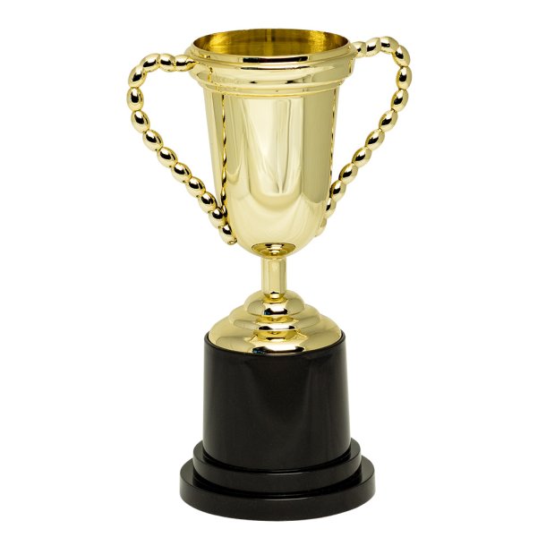 Pokal i guldfarvet plast p� sort fod