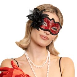 �jenmaske i r�d med stor sort blomst