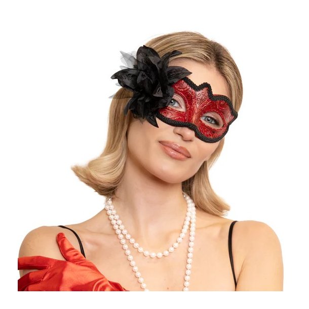 �jenmaske i r�d med stor sort blomst