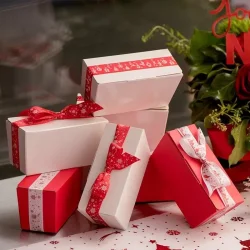 Satinbnd med Juleprint - Rd og Hvid