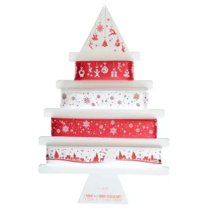 Satinband med jultryck - Rtt och vitt