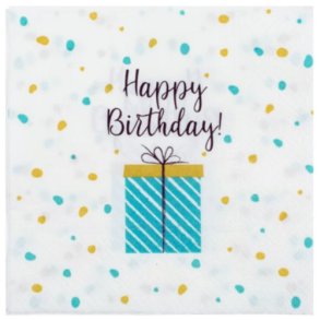 Happy Birthday servietter med gave og dots