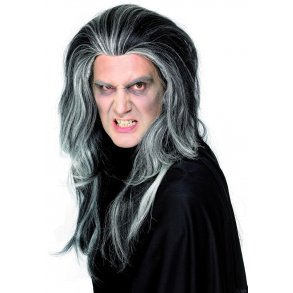 Lang vampyr paryk i sort med hvid-gr striber