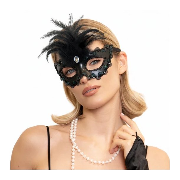 �jenmaske i sort med blonde og sorte fjer